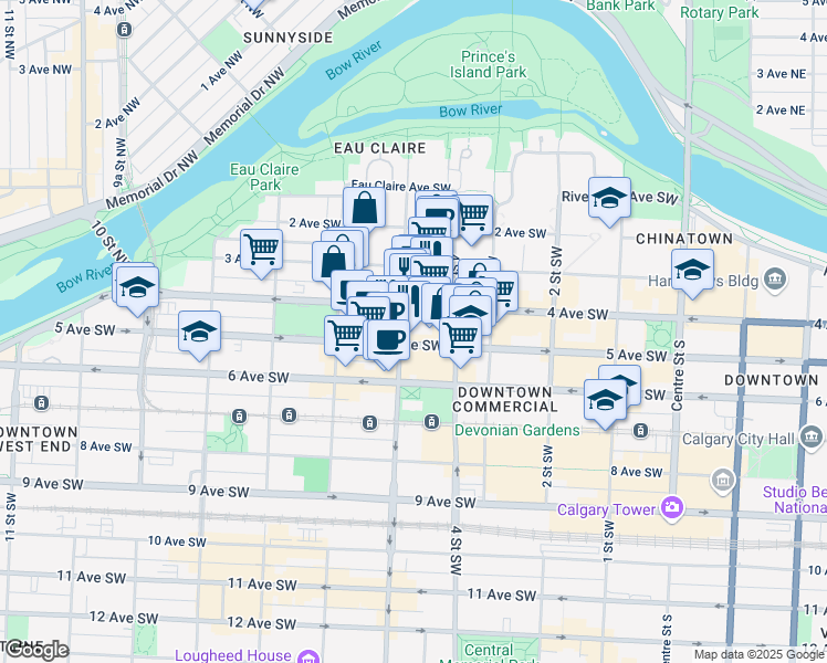 map of restaurants, bars, coffee shops, grocery stores, and more near 528 4 Avenue Southwest in Calgary