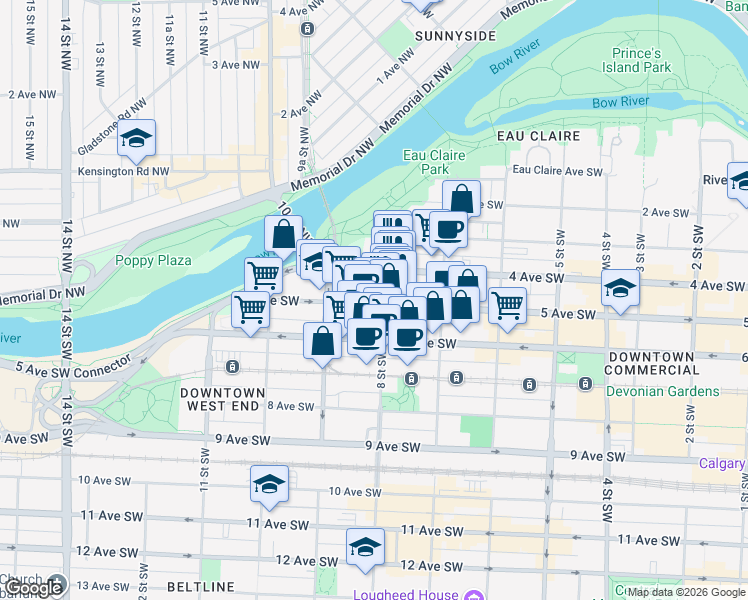 map of restaurants, bars, coffee shops, grocery stores, and more near 903 4 Avenue Southwest in Calgary