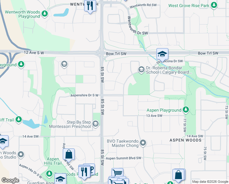 map of restaurants, bars, coffee shops, grocery stores, and more near in Calgary