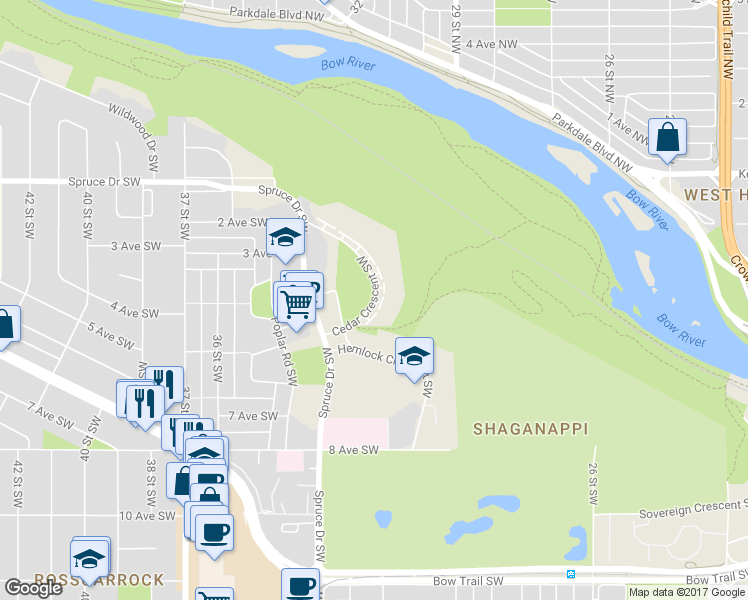 map of restaurants, bars, coffee shops, grocery stores, and more near 520 Cedar Crescent Southwest in Calgary