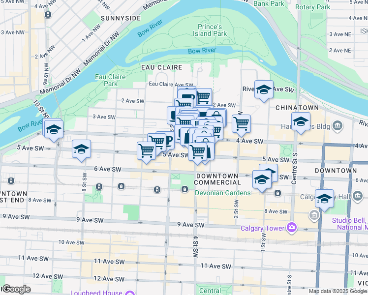 map of restaurants, bars, coffee shops, grocery stores, and more near 505 4 Avenue Southwest in Calgary