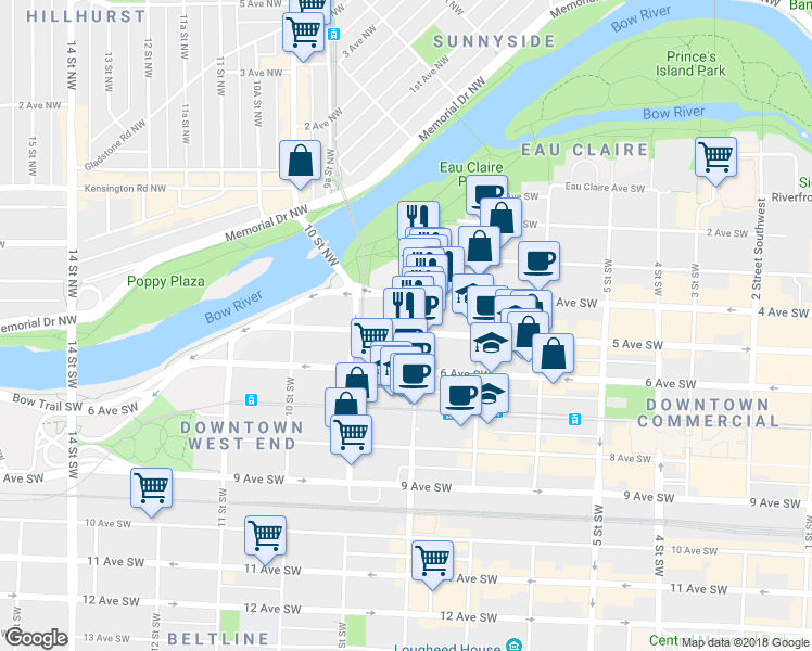 map of restaurants, bars, coffee shops, grocery stores, and more near 903 4 Avenue Southwest in Calgary