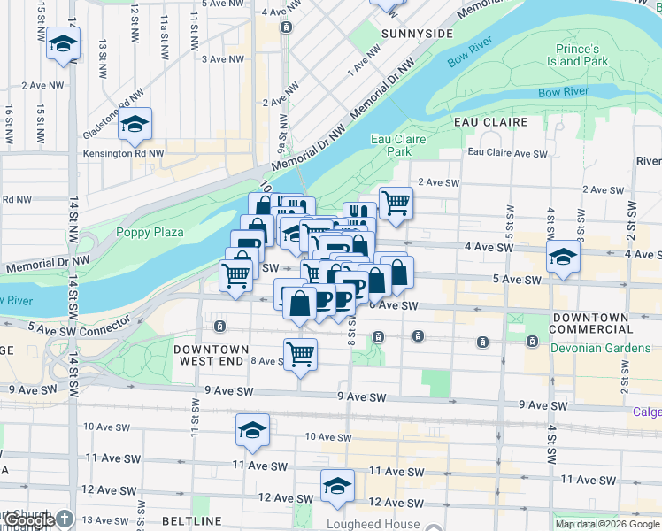 map of restaurants, bars, coffee shops, grocery stores, and more near 920 5 Avenue Southwest in Calgary