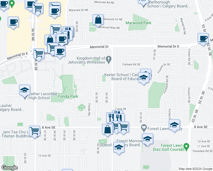 map of restaurants, bars, coffee shops, grocery stores, and more near 4318 4A Avenue Southeast in Calgary