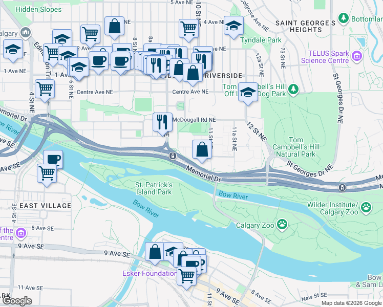 map of restaurants, bars, coffee shops, grocery stores, and more near 1055 Bow Valley Drive Northeast in Calgary