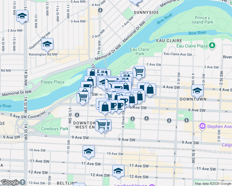 map of restaurants, bars, coffee shops, grocery stores, and more near 920 5 Avenue Southwest in Calgary