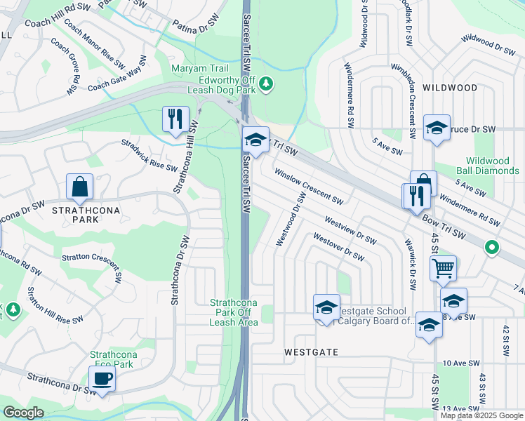 map of restaurants, bars, coffee shops, grocery stores, and more near Winston Drive Southwest in Calgary