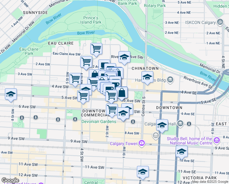 map of restaurants, bars, coffee shops, grocery stores, and more near 407 2 Street Southwest in Calgary