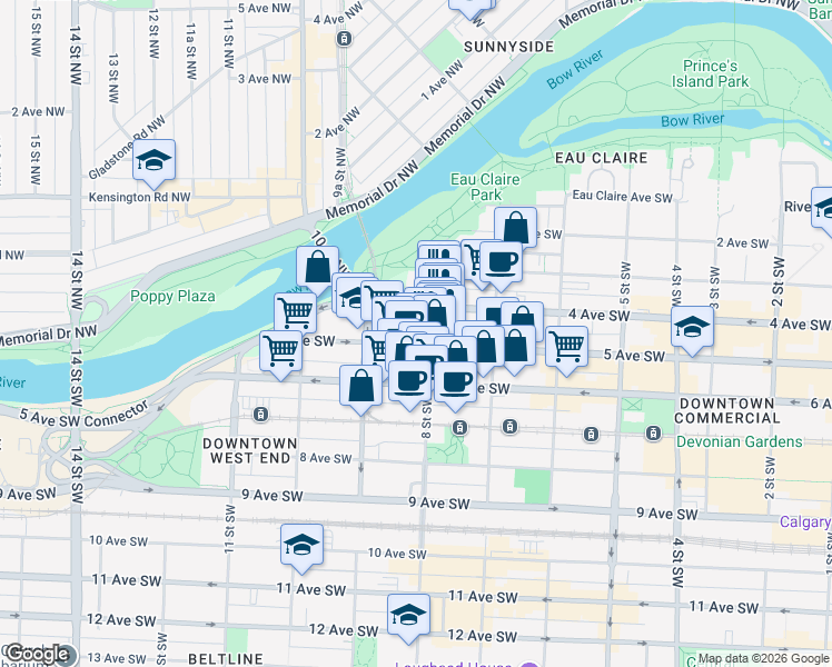 map of restaurants, bars, coffee shops, grocery stores, and more near 903 4 Avenue Southwest in Calgary
