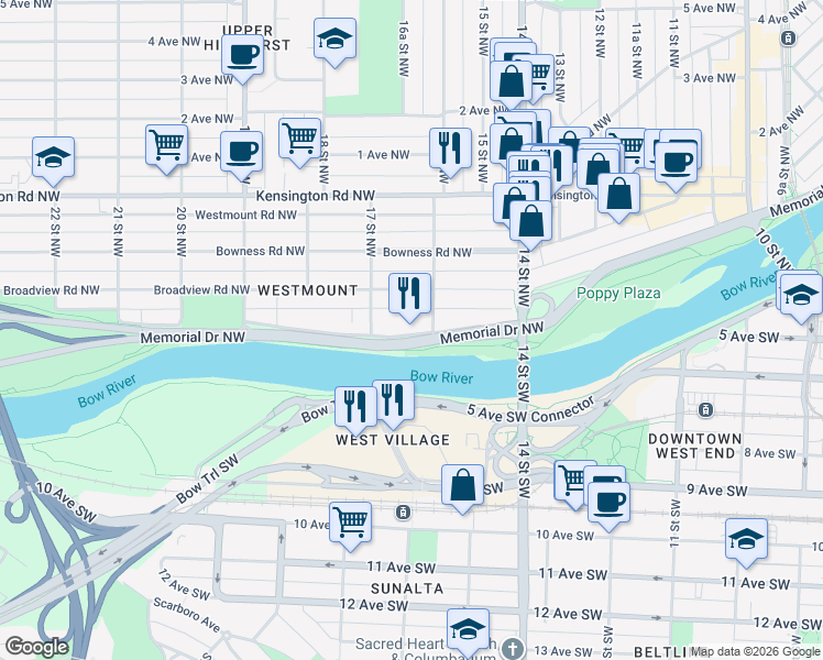 map of restaurants, bars, coffee shops, grocery stores, and more near 1724 Westmount Boulevard Northwest in Calgary