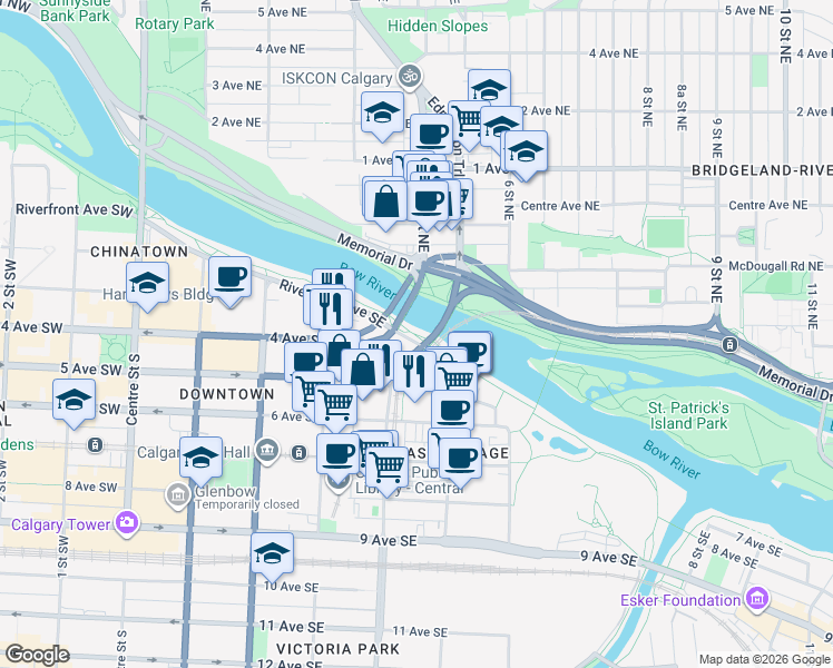map of restaurants, bars, coffee shops, grocery stores, and more near RiverWalk in Calgary