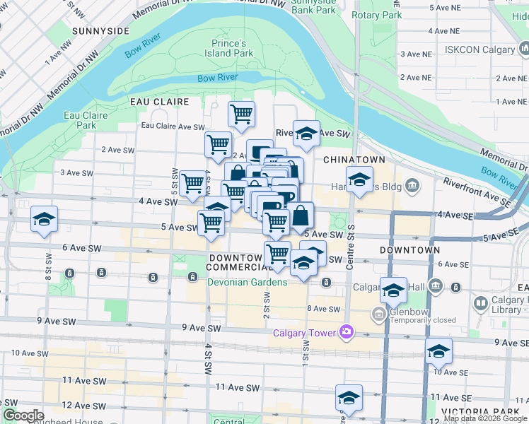 map of restaurants, bars, coffee shops, grocery stores, and more near 407 2 Street Southwest in Calgary
