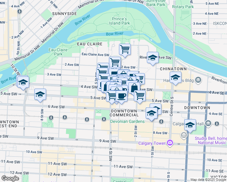 map of restaurants, bars, coffee shops, grocery stores, and more near 400 4 Avenue Southwest in Calgary