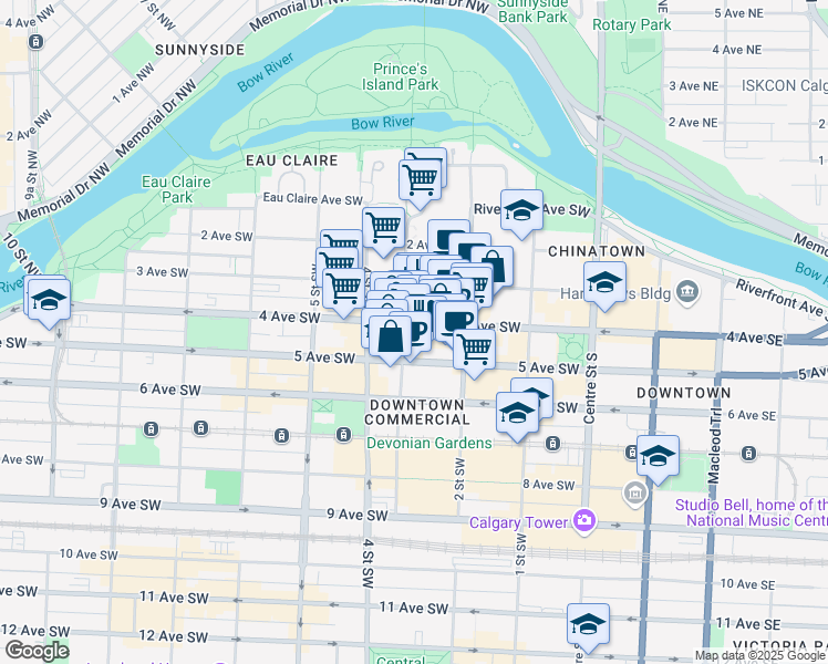 map of restaurants, bars, coffee shops, grocery stores, and more near in Calgary