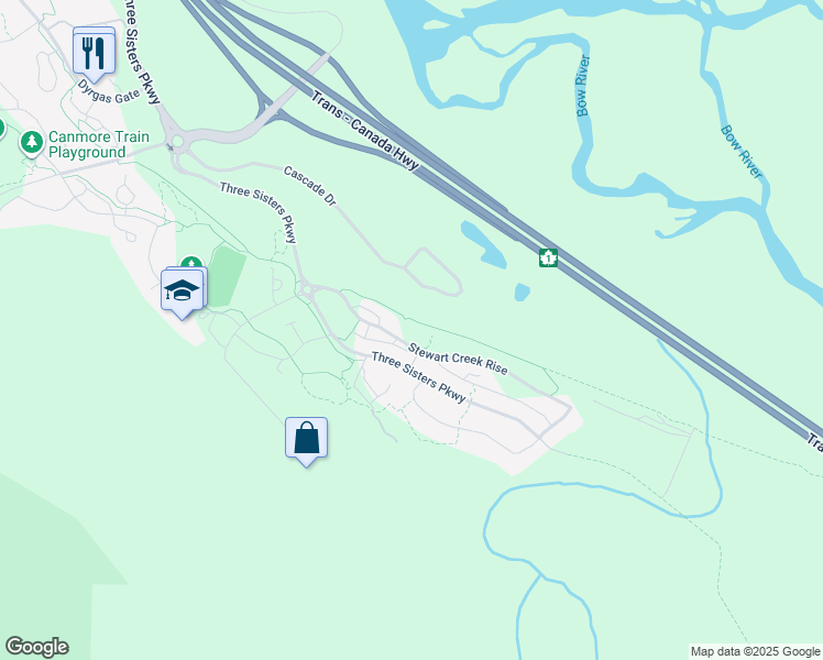 map of restaurants, bars, coffee shops, grocery stores, and more near 102 Stewart Creek Rise in Canmore