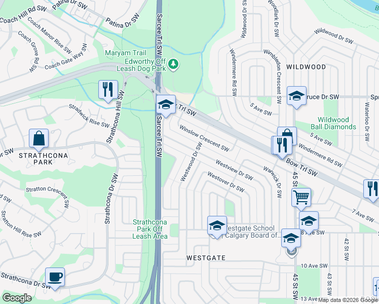 map of restaurants, bars, coffee shops, grocery stores, and more near 163 Westview Drive Southwest in Calgary