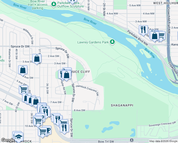 map of restaurants, bars, coffee shops, grocery stores, and more near 512 Cedar Crescent Southwest in Calgary