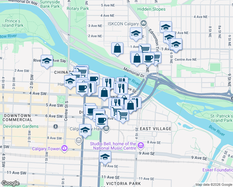 map of restaurants, bars, coffee shops, grocery stores, and more near 325 3 Street Southeast in Calgary