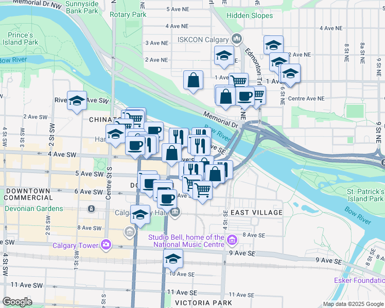 map of restaurants, bars, coffee shops, grocery stores, and more near 325 3 Street Southeast in Calgary