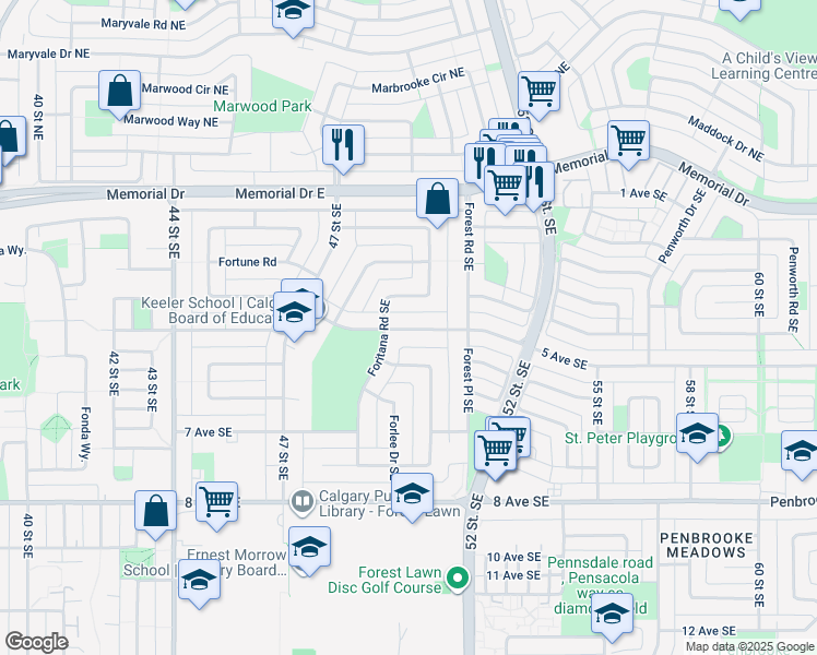 map of restaurants, bars, coffee shops, grocery stores, and more near 5112 Forego Avenue Southeast in Calgary