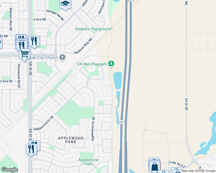 map of restaurants, bars, coffee shops, grocery stores, and more near 96 Appleside Close Southeast in Calgary