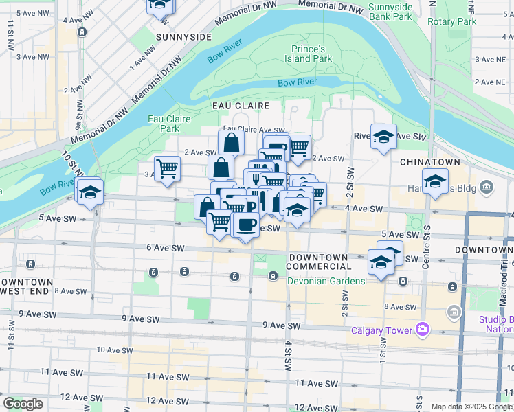 map of restaurants, bars, coffee shops, grocery stores, and more near 528 4 Avenue Southwest in Calgary
