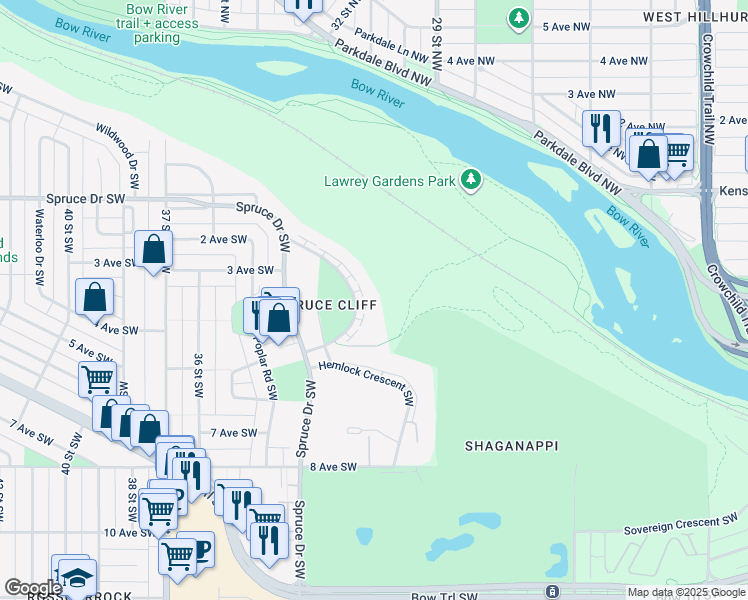 map of restaurants, bars, coffee shops, grocery stores, and more near 512 Cedar Crescent Southwest in Calgary
