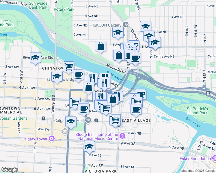 map of restaurants, bars, coffee shops, grocery stores, and more near 424 4 Avenue Southeast in Calgary
