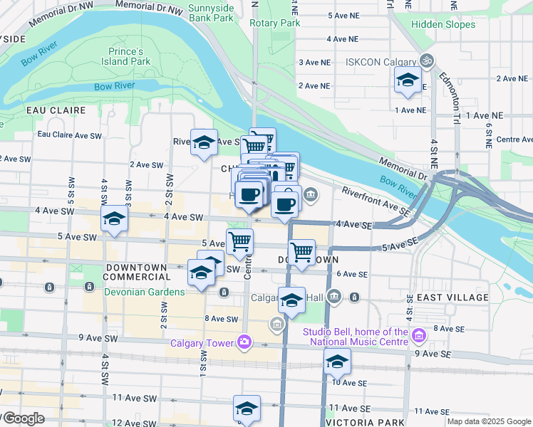 map of restaurants, bars, coffee shops, grocery stores, and more near 115 3 Avenue Southeast in Calgary