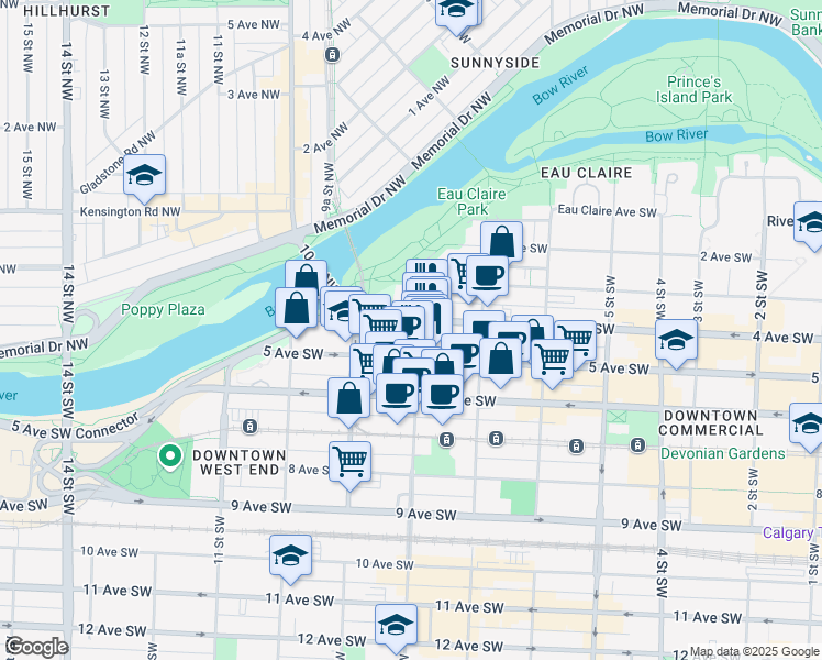 map of restaurants, bars, coffee shops, grocery stores, and more near 903 4 Avenue Southwest in Calgary