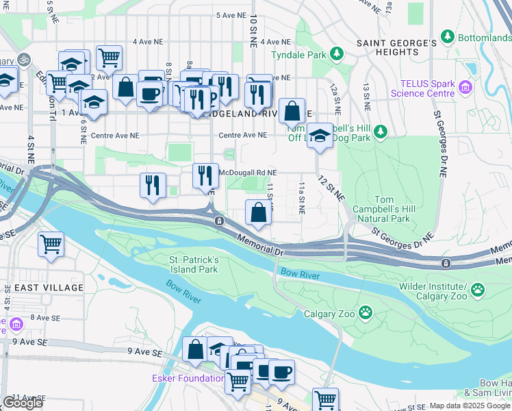 map of restaurants, bars, coffee shops, grocery stores, and more near 1060 Bow Valley Drive Northeast in Calgary