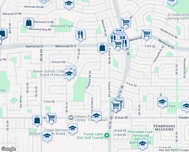 map of restaurants, bars, coffee shops, grocery stores, and more near 5112 Forego Avenue Southeast in Calgary