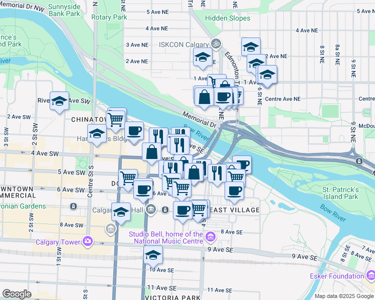 map of restaurants, bars, coffee shops, grocery stores, and more near 424 4 Avenue Southeast in Calgary
