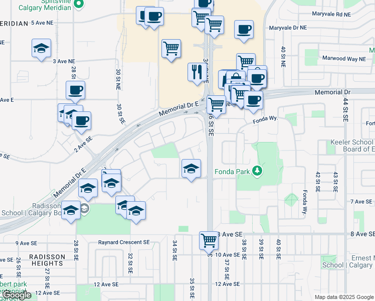 map of restaurants, bars, coffee shops, grocery stores, and more near 510 Radley Way Southeast in Calgary