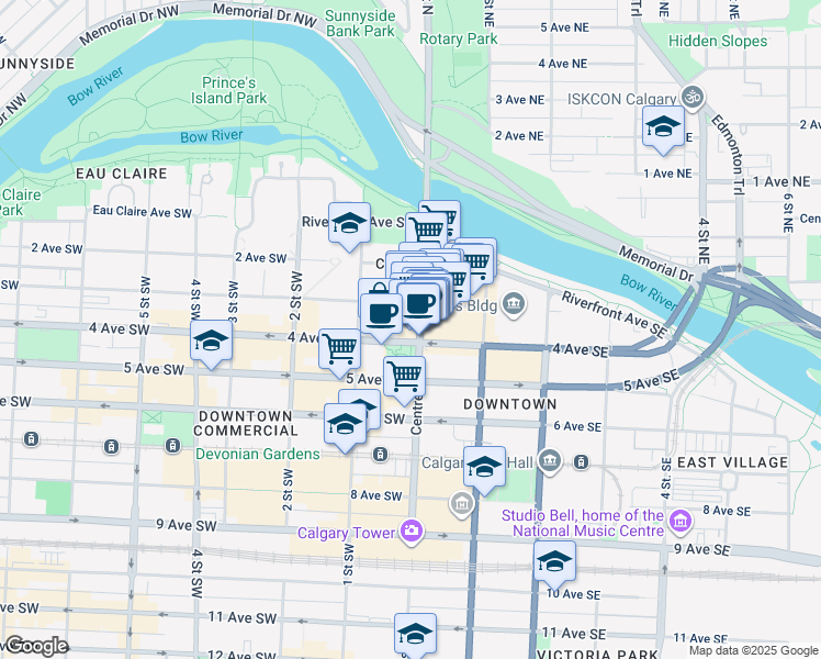 map of restaurants, bars, coffee shops, grocery stores, and more near in Calgary