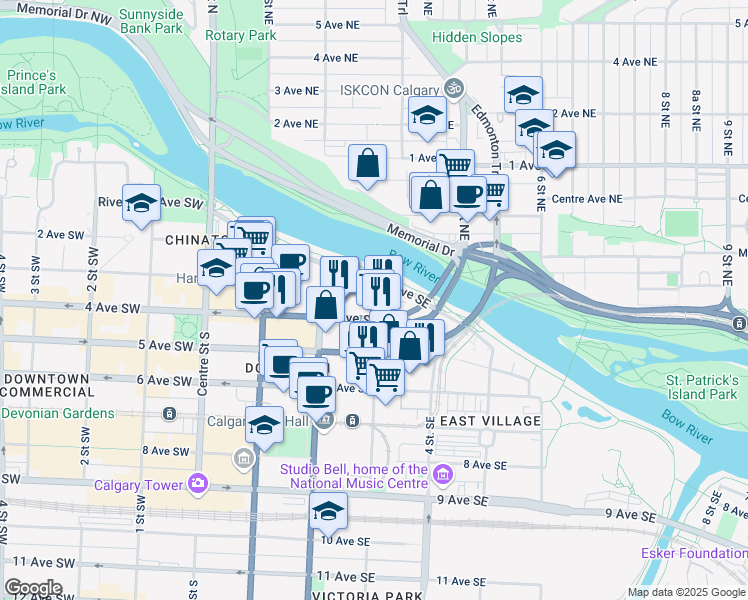 map of restaurants, bars, coffee shops, grocery stores, and more near in Calgary