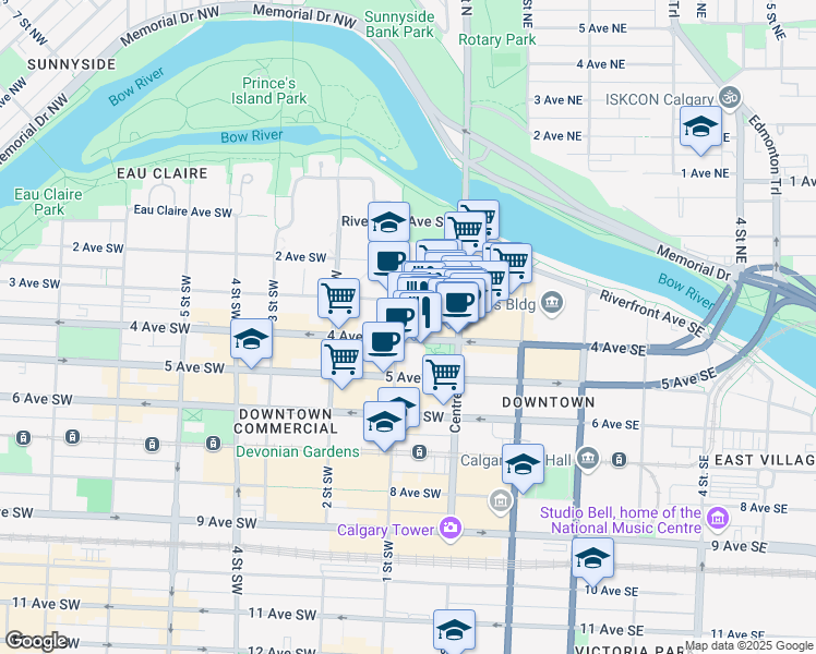 map of restaurants, bars, coffee shops, grocery stores, and more near 144 4 Avenue Southwest in Calgary