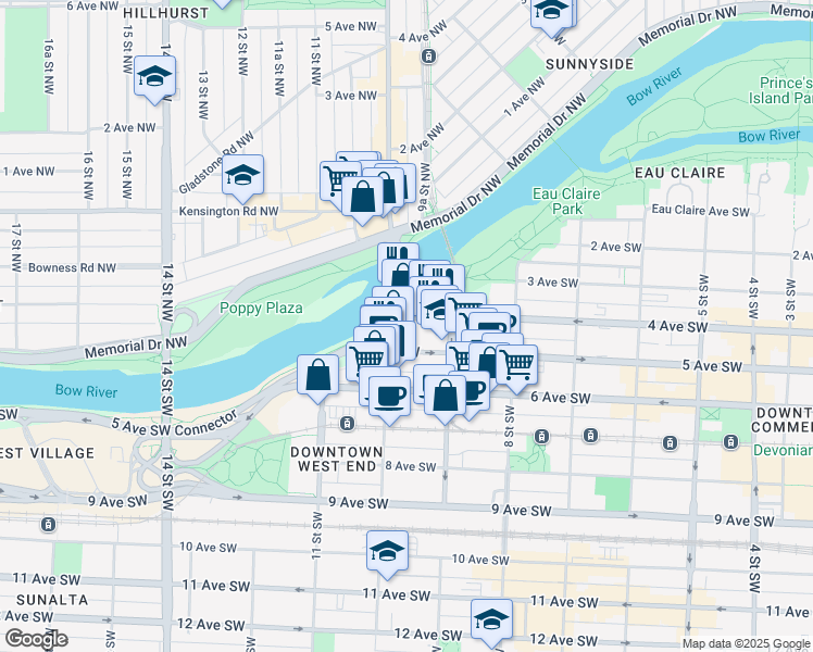 map of restaurants, bars, coffee shops, grocery stores, and more near 1025 4 Avenue Southwest in Calgary