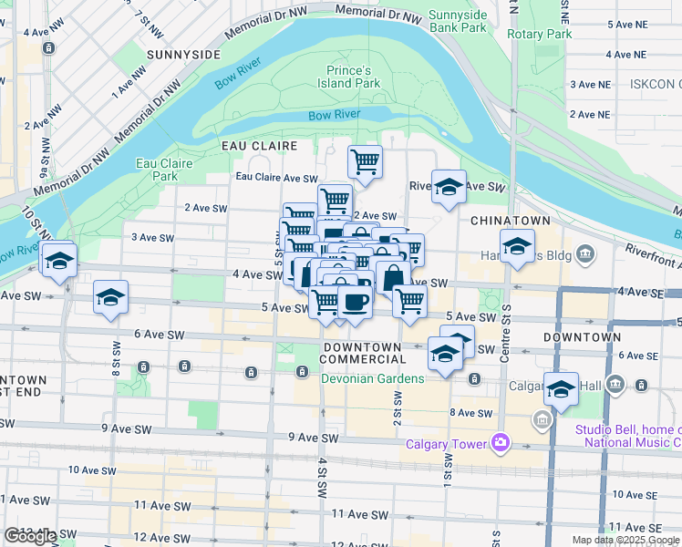 map of restaurants, bars, coffee shops, grocery stores, and more near 400 4 Avenue Southwest in Calgary