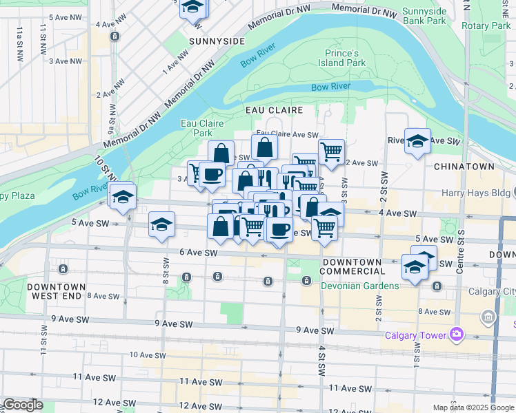 map of restaurants, bars, coffee shops, grocery stores, and more near 4 Avenue Southwest in Calgary