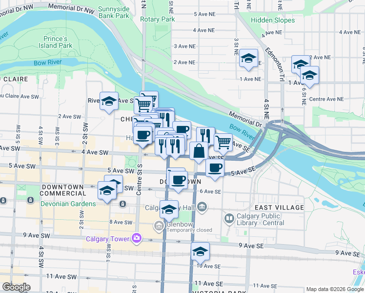 map of restaurants, bars, coffee shops, grocery stores, and more near 220 4 Avenue Southeast in Calgary