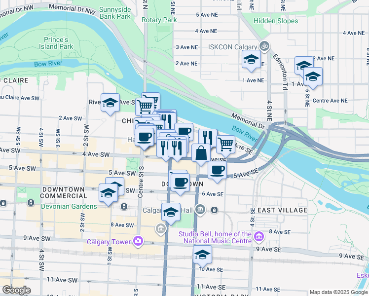 map of restaurants, bars, coffee shops, grocery stores, and more near 220 4 Avenue Southeast in Calgary