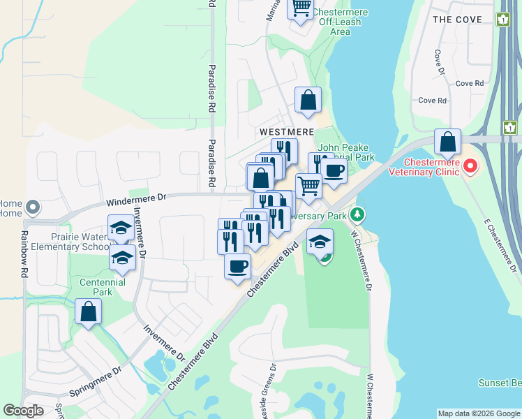 map of restaurants, bars, coffee shops, grocery stores, and more near in Chestermere