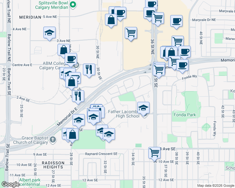 map of restaurants, bars, coffee shops, grocery stores, and more near 40 Radcliffe Crescent Southeast in Calgary