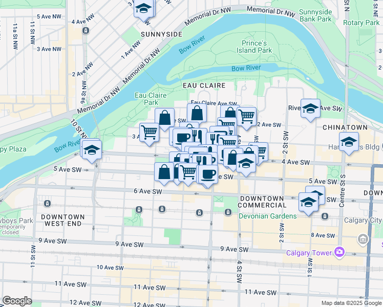 map of restaurants, bars, coffee shops, grocery stores, and more near 622 5 Avenue Southwest in Calgary