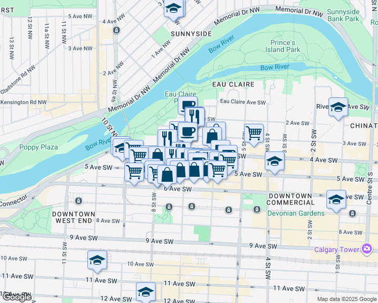 map of restaurants, bars, coffee shops, grocery stores, and more near in Calgary