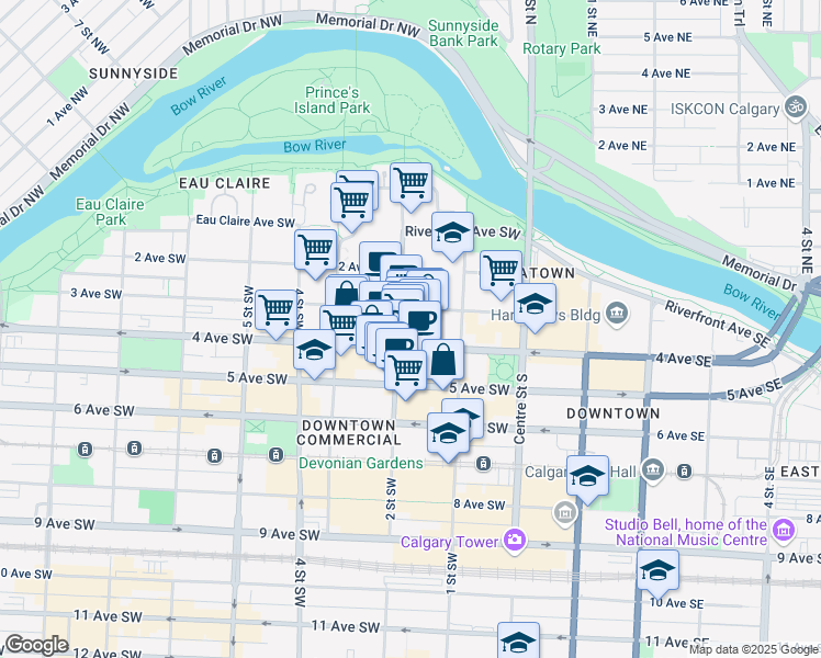 map of restaurants, bars, coffee shops, grocery stores, and more near 407 2 Street Southwest in Calgary
