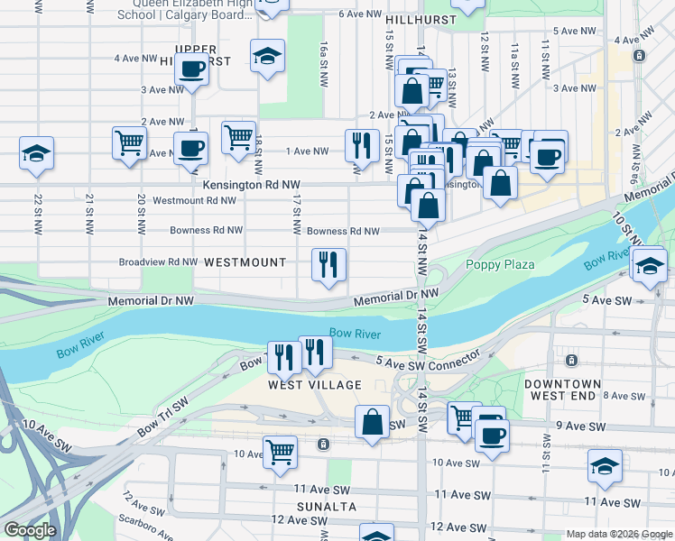 map of restaurants, bars, coffee shops, grocery stores, and more near 1724 Westmount Boulevard Northwest in Calgary