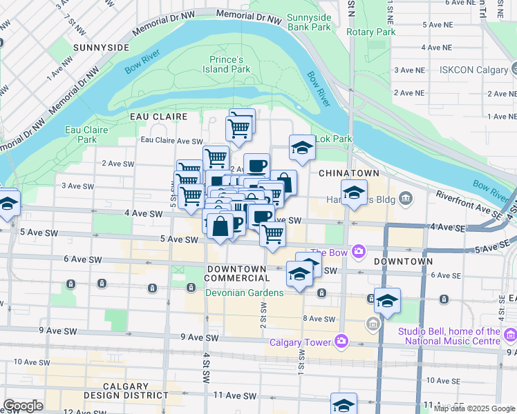 map of restaurants, bars, coffee shops, grocery stores, and more near 308 4 Avenue Southwest in Calgary
