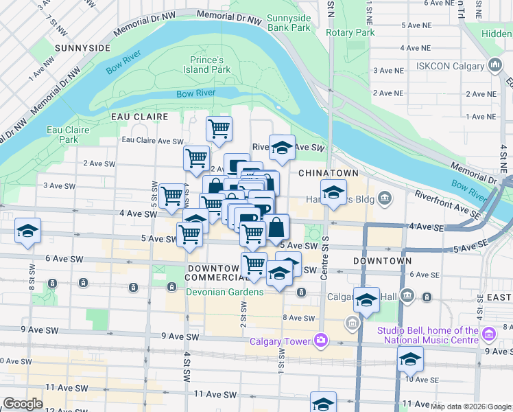 map of restaurants, bars, coffee shops, grocery stores, and more near 240 4 Avenue Southwest in Calgary